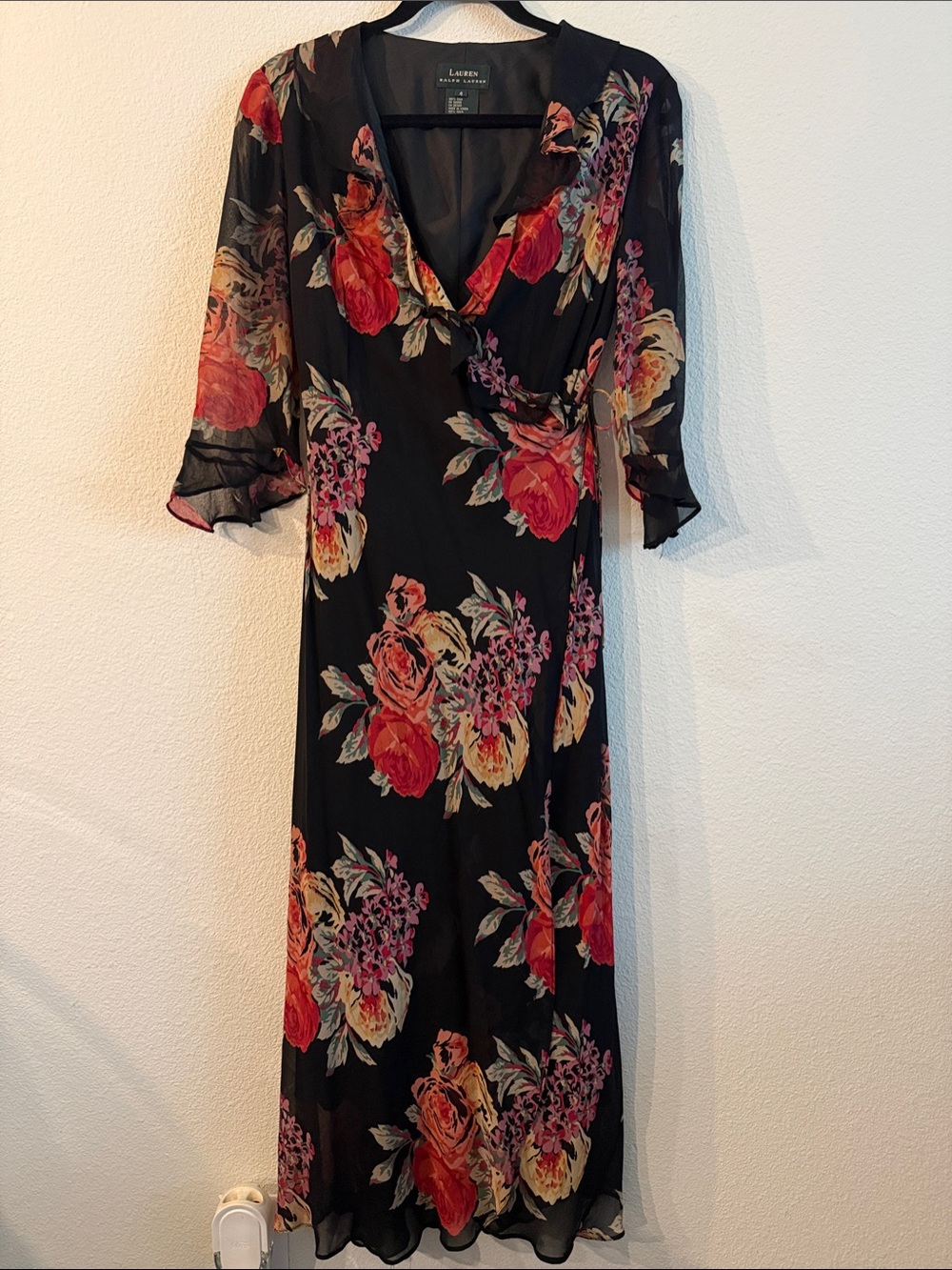 100% Silk Lauren Ralph Lauren Black Floral Wrap Dress